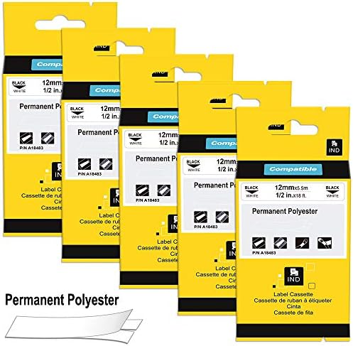 AKen Compatible Permanent Polyester Adhesive Fabric Label Tape p/n Replacement for DYMO Rhino 18483 A18483 for 5200 4200 6000 PL200 Industrial Label Maker Black on White 1/2 Inch 12mm 5 Refills