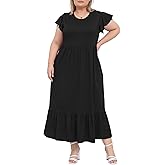 Moon Wood Women's Plus Size Maxi Dress Crew Neck Ruffle Short Sleeve Summer Casual Dresses with Pockets Long Dress