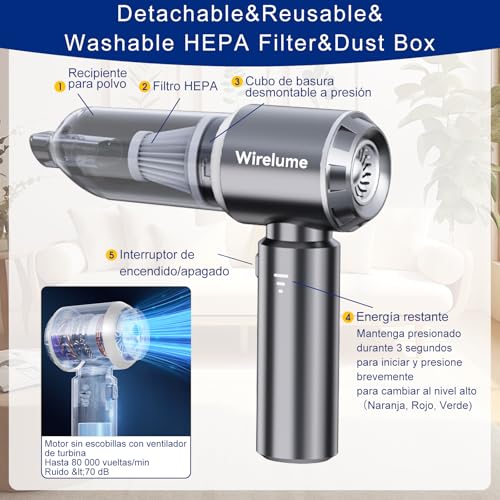 Wirelume Handheld Vacuum Cleaner for Car Cordless Powerful 22000 Pa Cyclonic Suction Strong Motor Mini Small Table Brushless Portable Rechargeable Lightweight for Pet Hair, Vehicle, Home