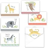 Jungle Animal Baby Child Thank You Folded Assortment Card Pack - Set of 36 Cards, 6 Designs - 6 Cards per Design, 4 7/8' x 3 1/2'. Blank Inside. Made in The USA. Blank White envelopes Included.