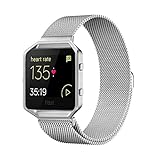 Andyou Fitbit Blaze Band with Frame, Stainless Steel Replacement Adjustable Band with Metal Frame for Fitbit Blaze Women Men,Silver