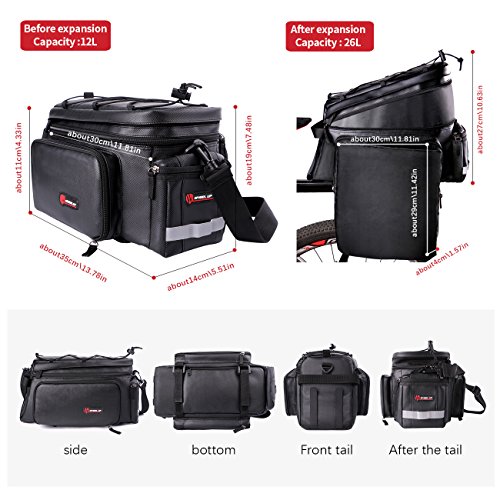 W WHEEL UP Bike Bag Bicycle Rear Seat Adjustable Hooks Reflective Trim and Large Pockets 12-26L Bicycle Trunk Bag with Rain Cover Shoulder Strap Bike Pannier for Road Bikes Mountain