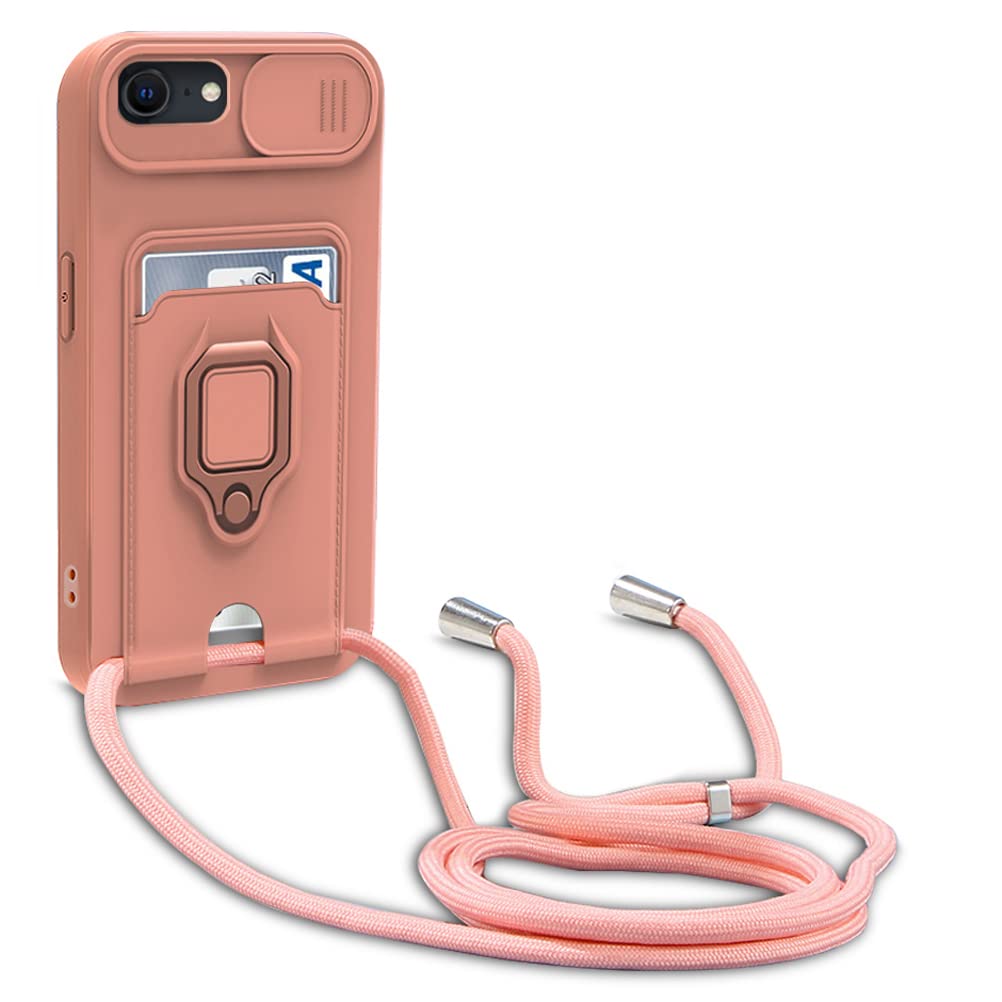 yanasuo Camera Protection Lanyard Phone Case for iPhone 6/6S/7/8/SE 2020, Card Holder, Slide Camera Cover, Silicone Cord Strap rope Shell TPU Shockproof Bumper Cover-Pink — image 1