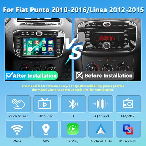 Motorsi 2+64GB Car Radio for Fiat Punto 10-16/Linea 12-15 with Wireless Carplay Android Car, Bluetooth Car Stereo Screen with GPS RDS/FM Radio SWC 5G WiFi USB +AHD/CVBS Rear Camera