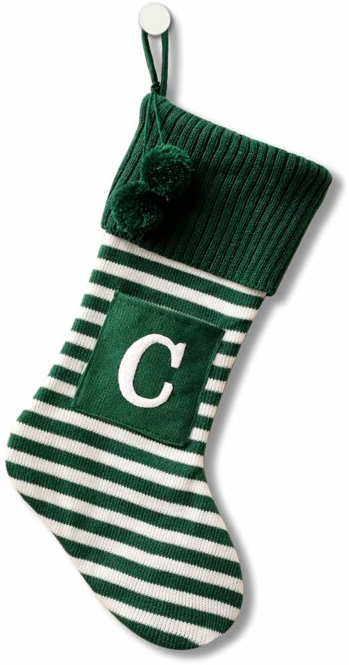 Stockings & Holders - CRSMHLPK 20 Inches Initial Christmas Stocking Monogram Striped Christmas Stocking red Green with White Embroidered Letter Christmas decorations-01-C-Green