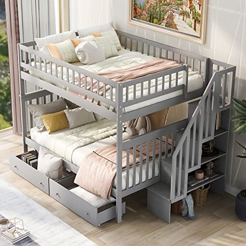 Harper & Bright Designs Full Over Full Bunk Bed with Stairs, Solid Wood