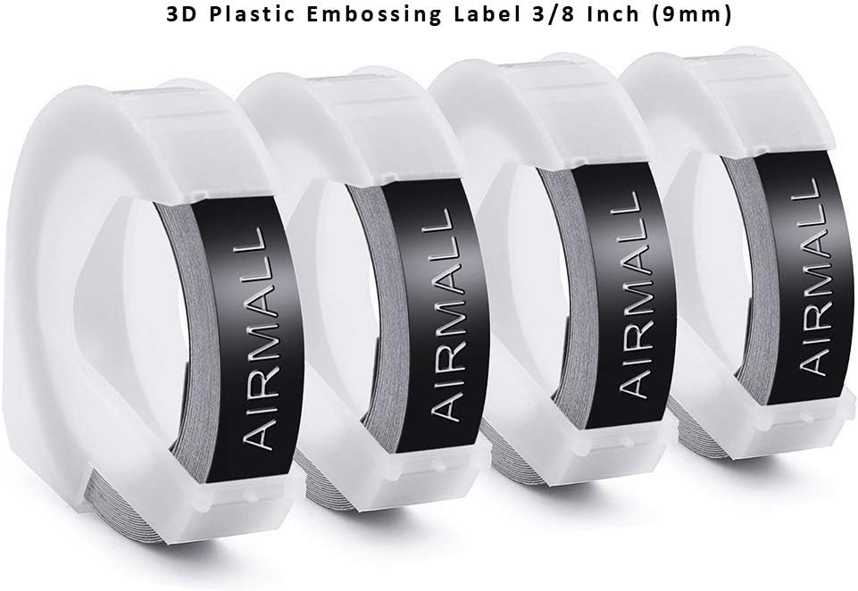 Airmall Compatible Label Tape Replacement for DYMO 3D Plastic Embossing Tape for 520109, 4 Roll 9mm, Black Glossy Finish Self-Adhesive Label for Embossing Label Maker Xpress, 3/8 in x 9.8 ft