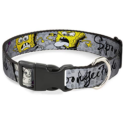 Dog Collar Plastic Clip Spongebob 3 Poses Spongeitude Grays Black 9 to 15 Inche…