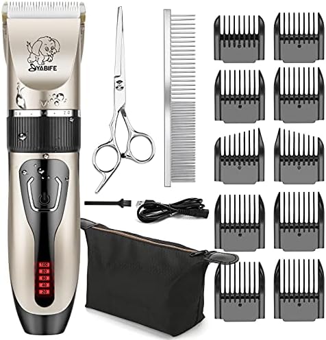 Yabife Dog Clippers, USB Rechargeable Cordless Dog Grooming Kit, Electric Pets Hair Trimmers Shaver Shears for Dogs and Cats, Quiet, Washable, with LED Display
