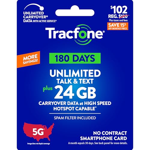 Tracfone $102 Unlimited Talk & Text, 24 GB of Data / 180 Days (Physical Card)