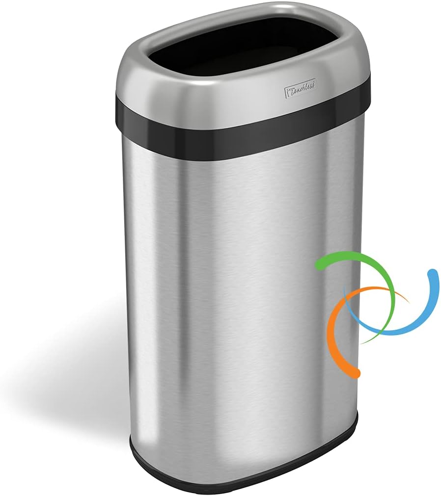 iTouchless 16 Gallon Oval Open Top Trash Can and Recycle Bin with Odor Control System, Stainless Steel Commercial Grade, Large 12-Inch Opening, for Home, Restaurant, Restroom, Office, 61 Liter: Home & Kitchen