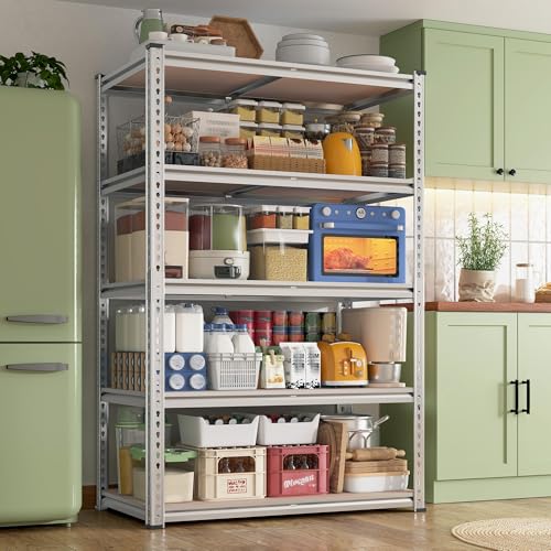 2020LBS Garage Shelving Heavy Duty 5 Tier Storage Shelves Adjustable Metal Shelving for Basement, Warehouse, Pantry, Closet, Kitchen, Easy Assembly, 90cm x 40cm x 180cm, Galvanized, White