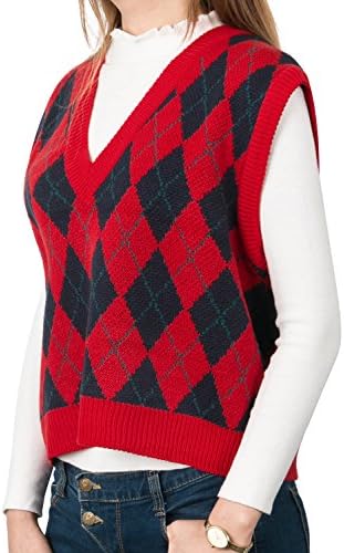Howels Argyle Checkered Pullover Vest Ripped Knit Overfit Sleeveless , Apple Red