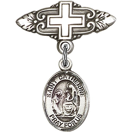Sterling Silver Baby Badge with St. Catherine of Siena Charm and Badge Pin with Cross 1 X 3/4 inches