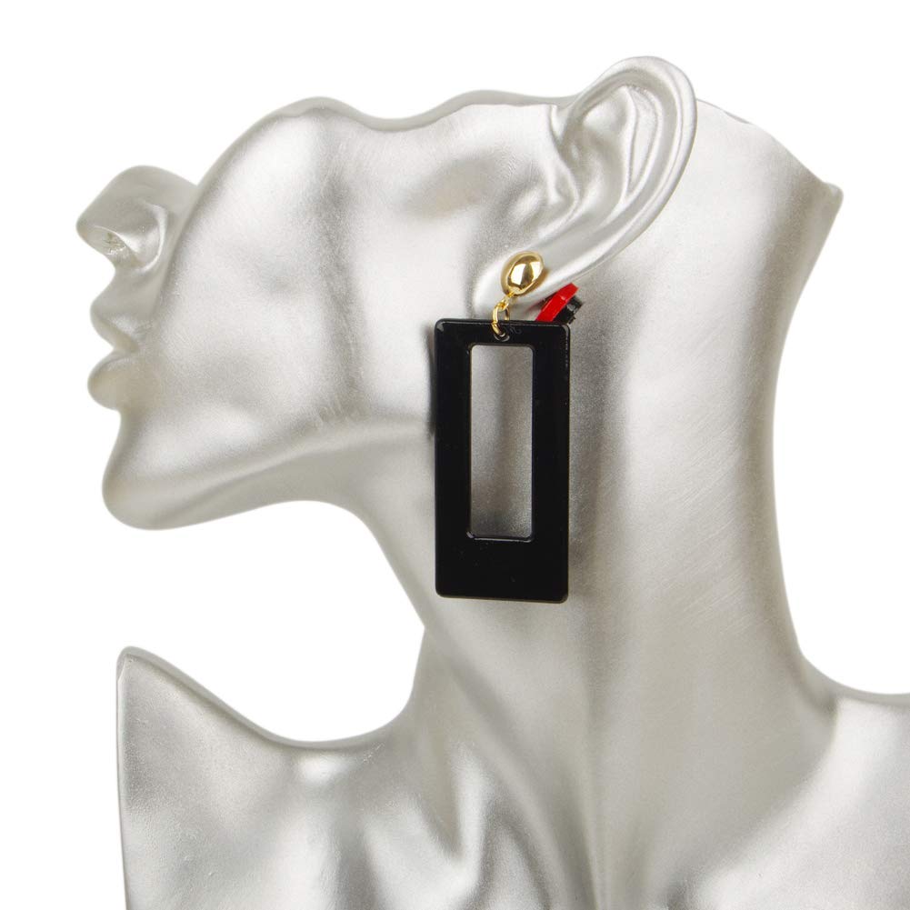 Acrylic Earrings for Women Resin Marble Texture Geometric Rectangle Gold Plated Pendant Earrings(Black)