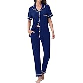YOPUGEE Womens Modal Pajama Set 2 Piece Soft Lounge Set Short Sleeve Button Up Pajama Comfy Pj Pants With Pockets S-3XL