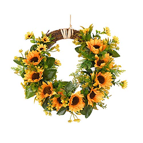 LAMF Artificial Sunflower Summer Wreath, 12 Inch Decorative Floral Wreath with Yellow Sunflower and Green Leaves Front Door Wreaths for All Seasons