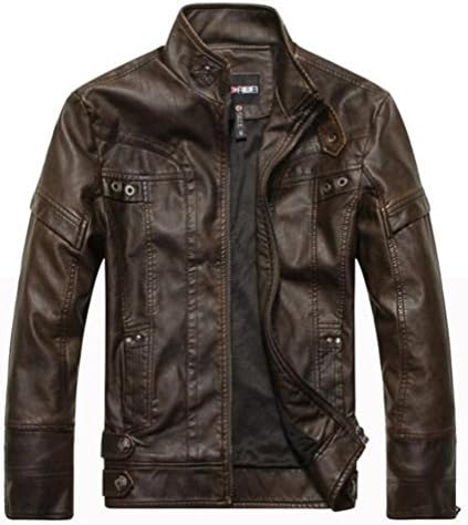 Men's Vintage Stand Collar Faux Leather Jacket Coffee US XL