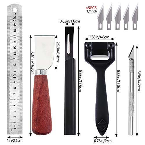 PLANTIONAL Metal Leather Skiver Set, 5 Kinds of Leather Working Tool with 6 Pieces Sharp Skiver, Safety Beveler DIY Cutting Tool Kits for Craft Making