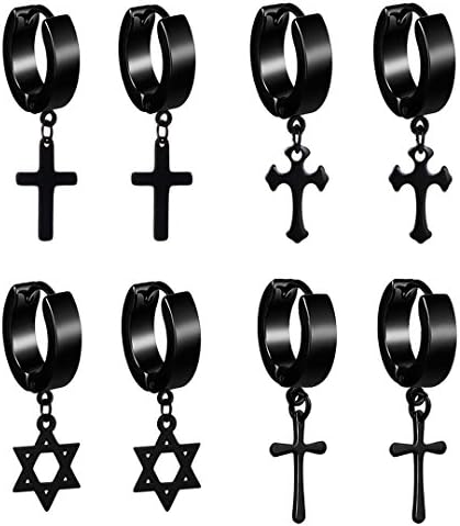 Cross Dangle Earrings, FANCER 8PCS Stainless Steel Hexagram Hinged Hoop Huggie Ear Stud Gothic Punk Men