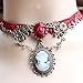 Acxico Retro Vintage Red Rose Bronze Flower Twig Victorian’s Cameo Lolita Pendant Lace Necklace