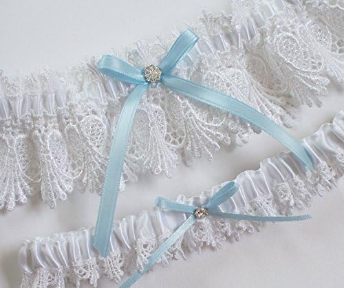 White Lace Garter Set with Light Blue Ribbon Bow and Crystal Finding
