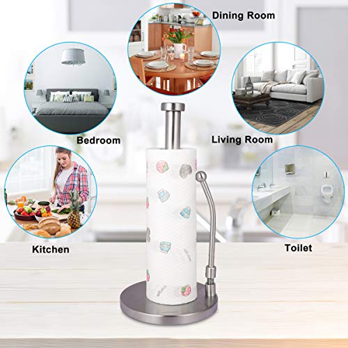 Paper Towel Holder Stand Countertop - Single-Handed Tear Paper Towel Dispenser Stainless Steel Organizer with Weighted Base Adjustable Spring Arm to Hold Paper Roll for Kitchen Bathroom