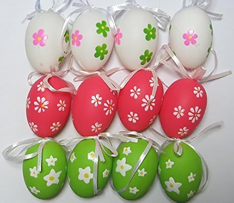12 Plastic Hand Painted Easter Eggs With Ribbon For Hanging