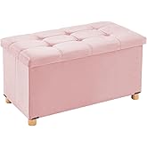 30 Inches Folding Storage Ottoman Bench, Velvet Storage Chest, Footrest Couch with Wooden Legs, Support 350lbs for Bedroom, Living Room, Hallway, Pink