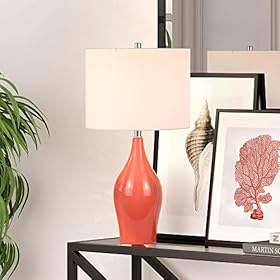 Bella 28.25" Tall Porcelain Table Lamp with Fabric Shade in Coral/White 511fT5PBfIL