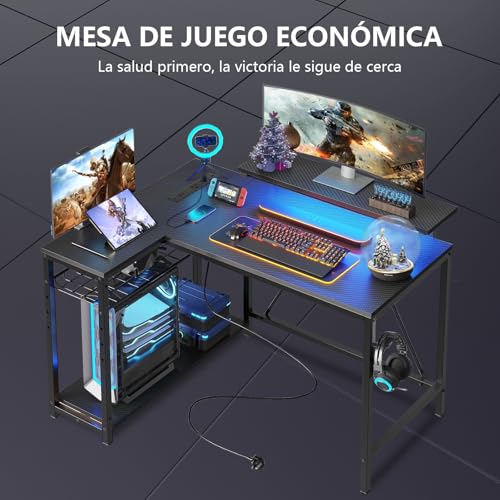 FURRIFIC Escritorio para Computadora en Forma de L, Escritorio Minimalista con Soporte para Monitor, Escritorio Gamer Estructura de Acero,Toma de Corriente, Perchero para Auriculares,106 x 91 x 80cm