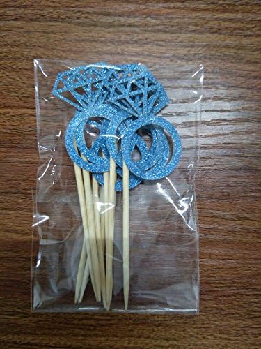 Kakasogo 30 Pcs Newest Wedding Bridal Shower Blue Glitter Diamond Ring Children's Cupcake Toppers Picks for Marriage Engagement Anniversary Birthday Valentines Party Cake Decoration Tool Set