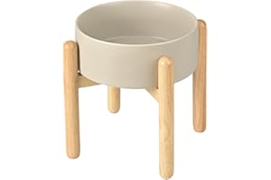 SPUNKYJUNKY Elevated Ceramic Dog Bowl with Wooden Stand Raised Dog Bowl Food and Water Pet Feeding Bowl for Medium and Large Dog(Single 60OZ Bowl,Grey)