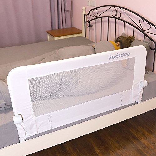 KOOLDOO 59" Fold Down Toddlers Safety Bed Rail Children Bed Guard with NBR Foam Include 1Pc Seat Belt (White)