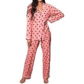 NUFIWI Valentine’s Heart Print 2 Piece Loungewear Set Long Sleeve Button Up Top and Pants Cute Pj Sleepwear Nightwear