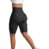 Sumleno Women Tummy Control Butt Lifting Shorts Knee Length High Waist Flap Pocket Workout Bermuda Cargo Running Shorts