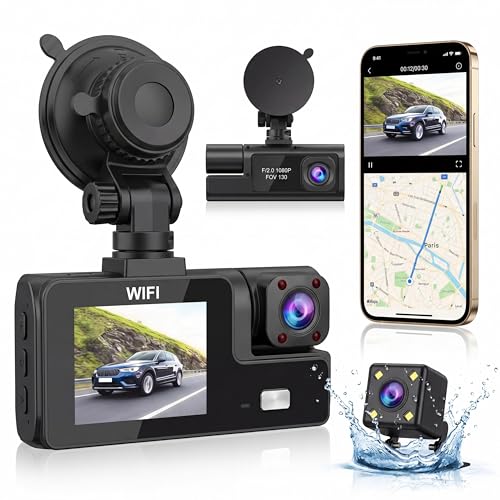 Dashcam 3 Cameras 1080P Full HD | Maximum 360° Security with No Dead Angle, Night Vision and Parking Monitored, Built-in WiFi Motion Detection, Ideal for Drivers