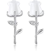 Reffeer Solid 925 Sterling Silver Rose Flower Stud Earrings for Women Teen Girls CZ Flower Stud Earrings Drops Spring Earrings