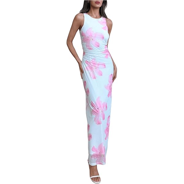Verdusa Women's Ruched Floral Mesh Tank Dress - Sleeveless Bodycon Maxi Dress
