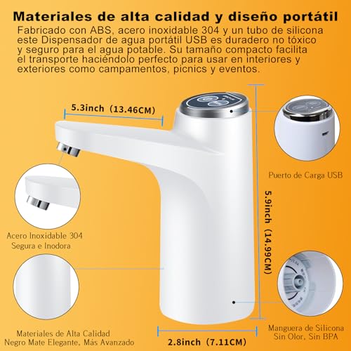 Autbye Dispensador de Agua Garrafon Bomba Electrica con Carga USB, Blanco | Bomba de Agua Portátil con 2 Modos. Ideal para Garrafón de 4.5L a 18.9L, Cocina, Camping y Oficina
