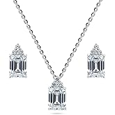 BERRICLE Sterling Silver Solitaire Emerald Cut Cubic Zirconia CZ Fashion Necklace and Earrings Set for Women, Rhodium Plated