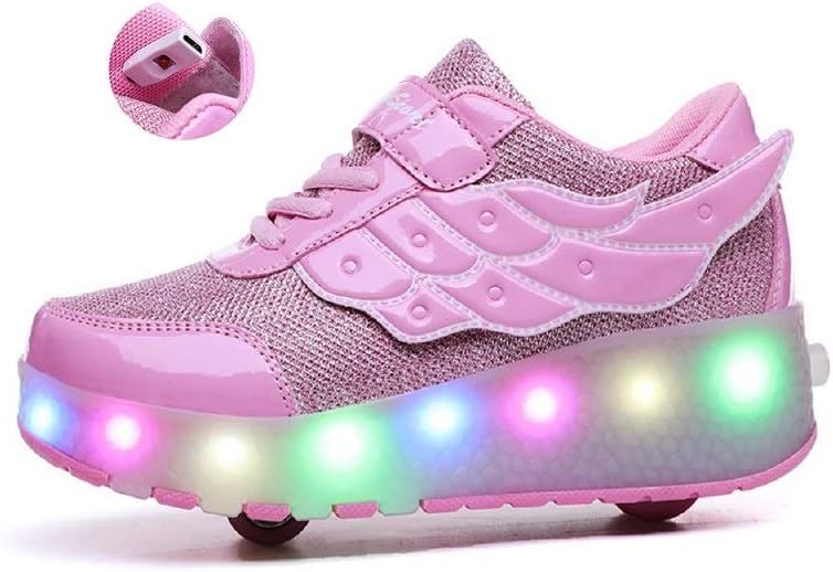 Ehauuo Kids Two Wheels Shoes with Lights Rechargeable Roller Skates Shoes Retractable Wheels Shoes LED Flashing Sneakers for Unisex Girls Boys Beginners Gift