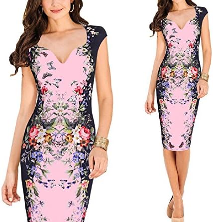 HOMEY INN Women’s V-neck Flower  Printed  Cocktail party Elastic  Bodycon Pencil Dress (L, Pink)