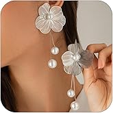 Charm Boho Gold Ginkgo Leaf Flower Pearl Drop Dangle Earrings for Women, Statement Bohemian Silver Leaves Floral Pearls Stud Earring Ear Jewelry Gift