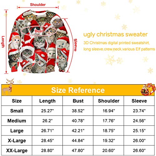 chicolife Cute stilvolle hässlich Weihnachten Katze Kitten auf Pizza Design Urlaub Xmas Pullover Sweatshirt Top für Damen Herren