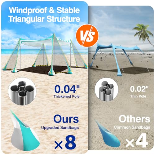 Rhino Valley Folding Beach Tent, Portable Beach Canopy UV Protection UPF50+ Windproof with Sandbags Pegs Ground Tent Outdoor Camping