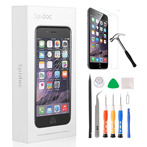 Spidoc iPhone 6 Screen Replacement LCD Touch Screen Digitizer Frame Assembly Full Set With Repair Tools and Glass Screen Protector (Black)