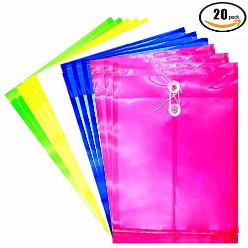 Poly String Project Envelope - 20 Pack Plastic envelopes with Expandable Gusset Plastic Folders (5 Colors )