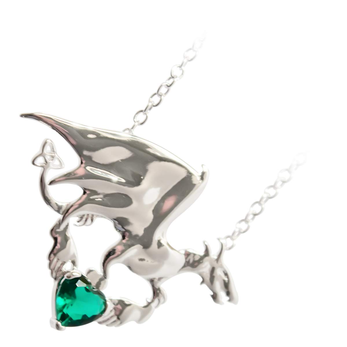 GWG Jewellery 18K White Gold Coated Dragon with Emerald Green Stone Heart and Celtic Trinity Knot Unusual Pendant Necklace in Gift Box for Women