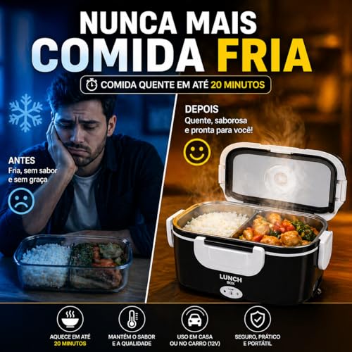 Marmita Elétrica Portátil 1,5L Bivolt e Veicular 12V | Divisórias internas, tampa vedada, térmica, trabalho, viagens, livre de BPA, refeições aquecidas